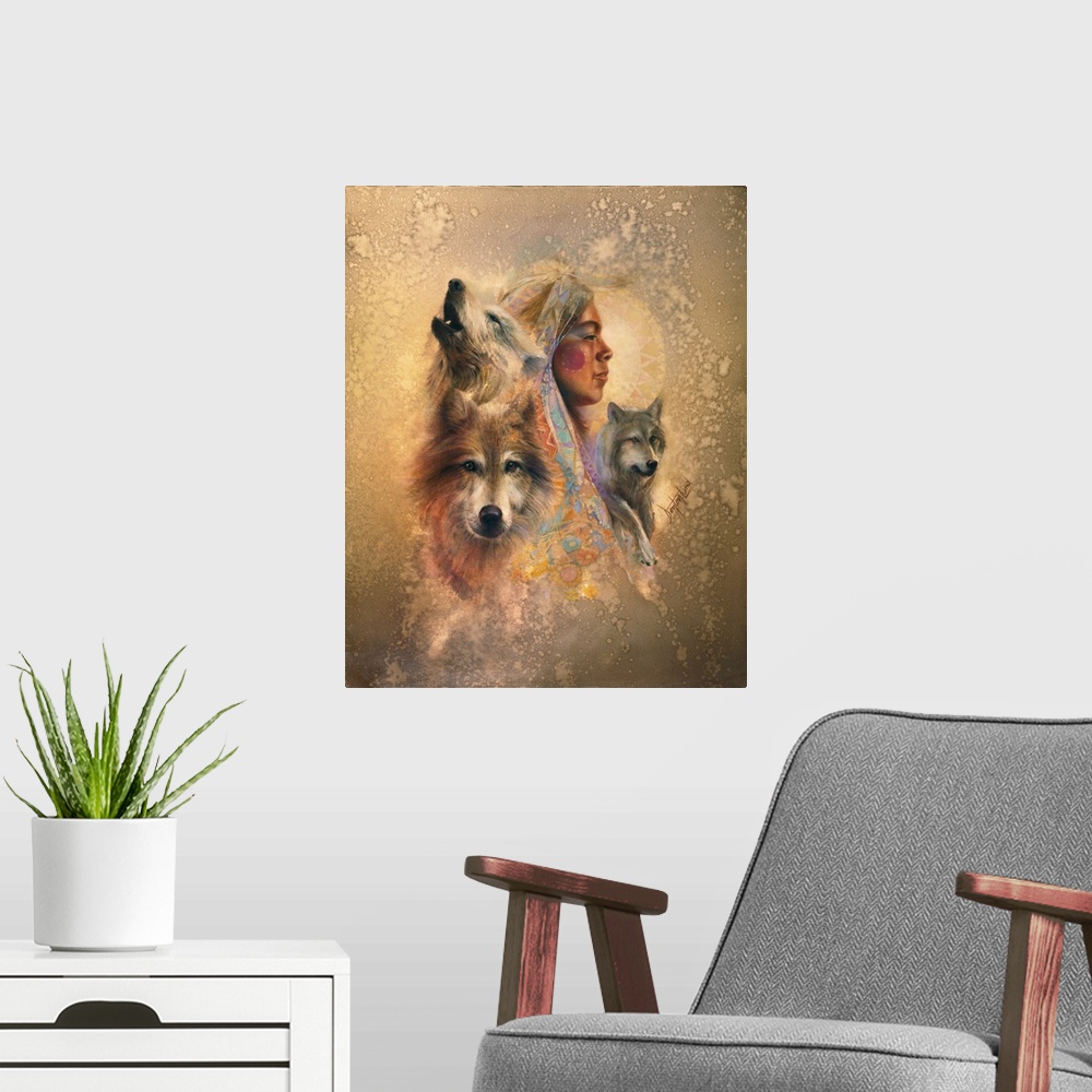 A modern room featuring A contemporary painting of a montage of a female profile and wolf portraits.