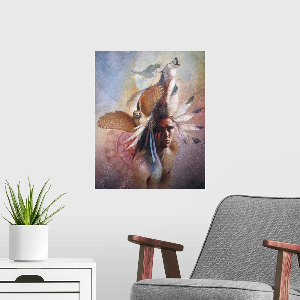 A modern room featuring A contemporary painting of a young Native American man wearing feathers in his hair and the image...