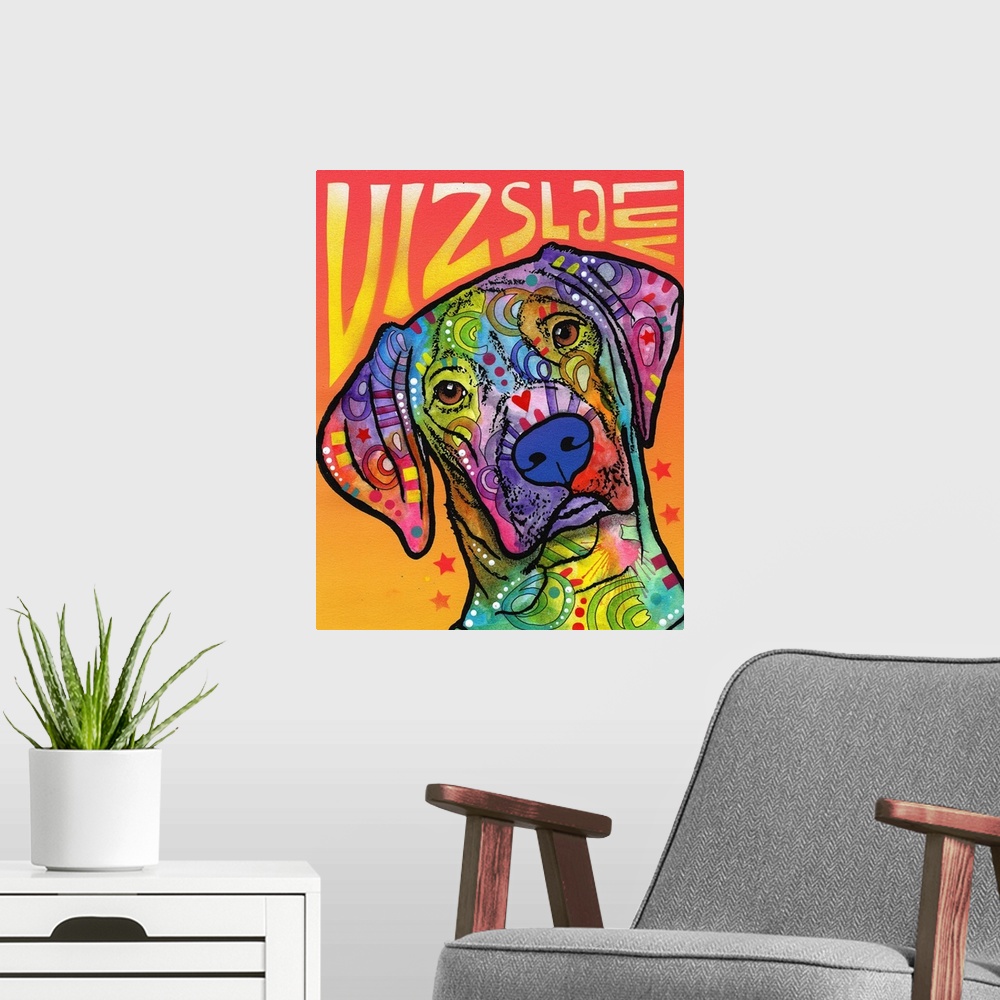A modern room featuring "Vizsla Luv" written around a colorful painting of a Vizsla with abstract markings.
