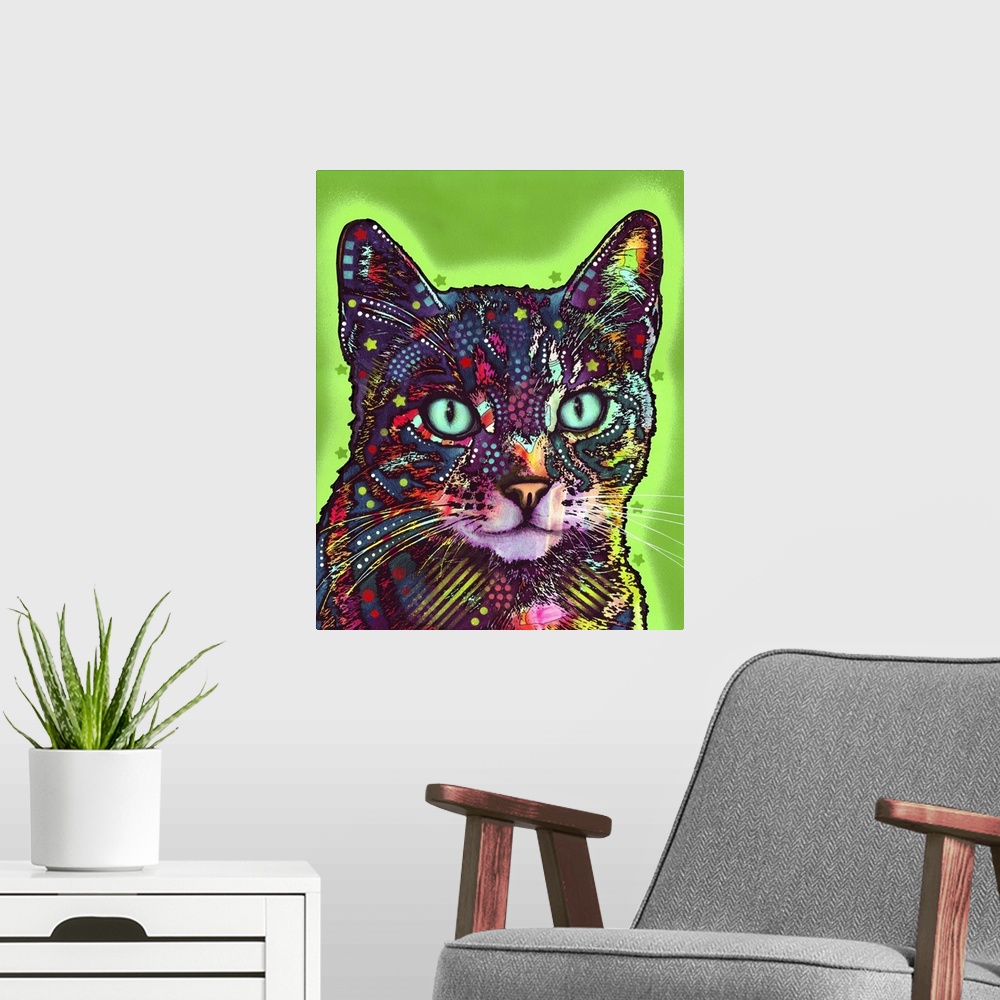 A modern room featuring Graffiti style art with an illustration of a cat in different colors on a green background with a...