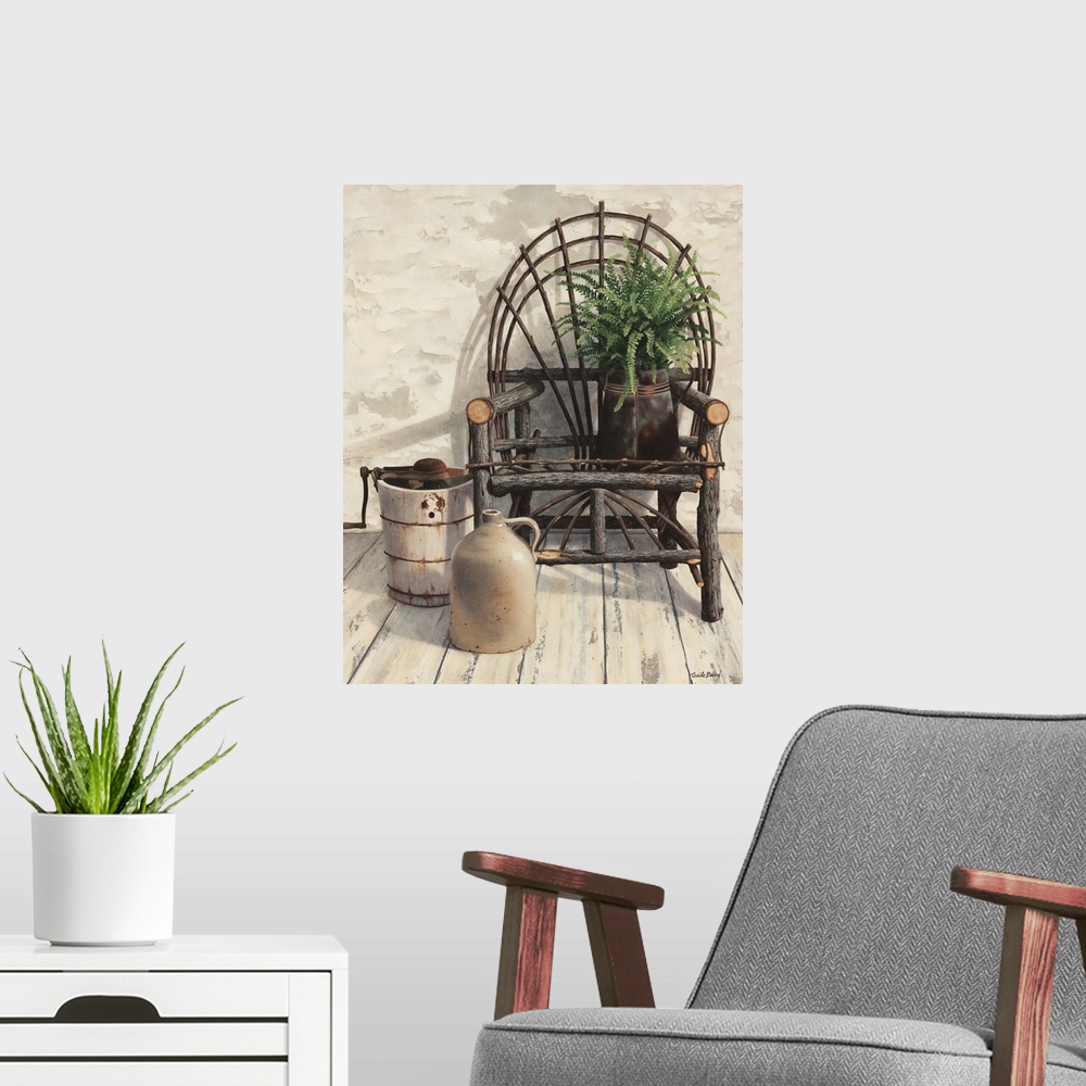 A modern room featuring Contemporary still-life painting of rustic objects sitting on a rustic chair.