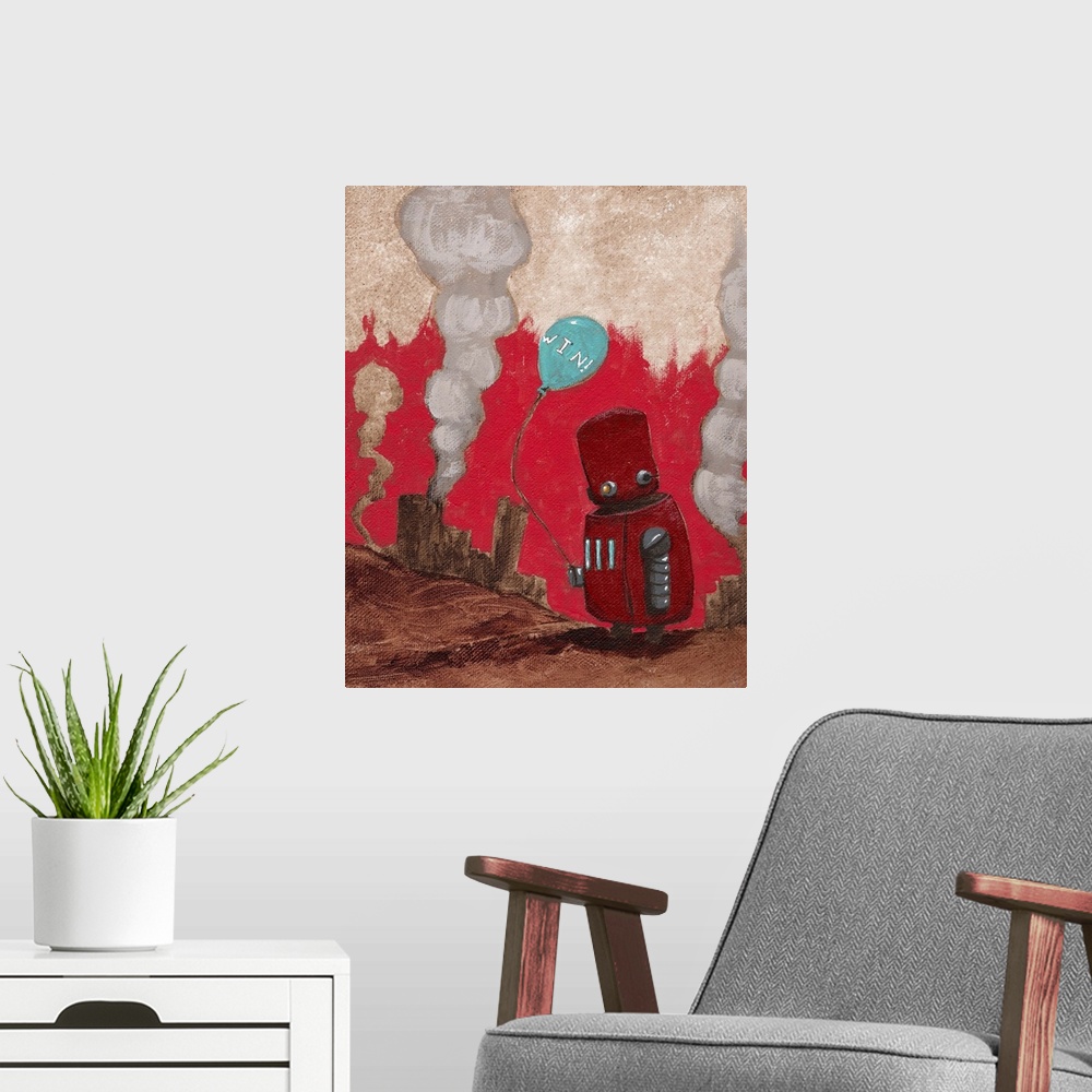 A modern room featuring Illustration of a red robot standing among rubble, holding a blue balloon.