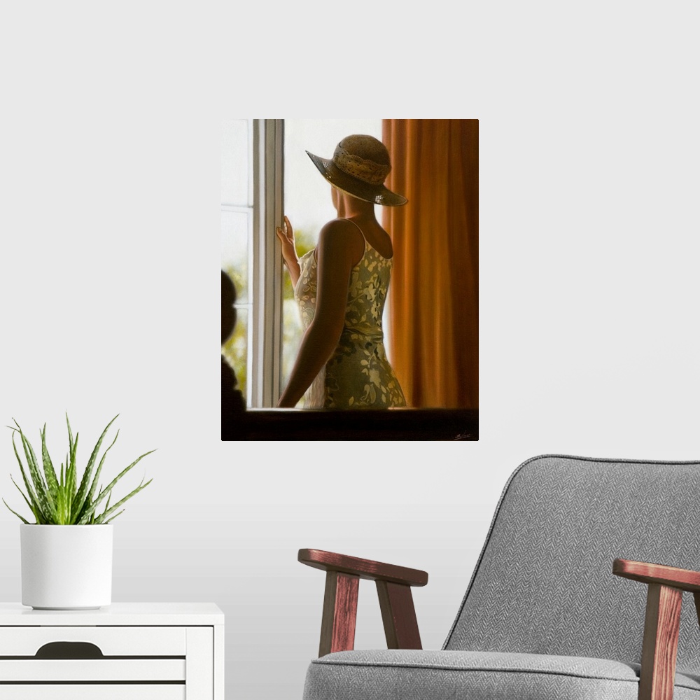 A modern room featuring Contemporary painting of a woman wearing a hat standing at a window and looking out.