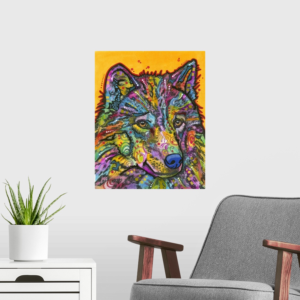 A modern room featuring Colorful painting of a wolf with abstract designs on a yellow background with small red dots.