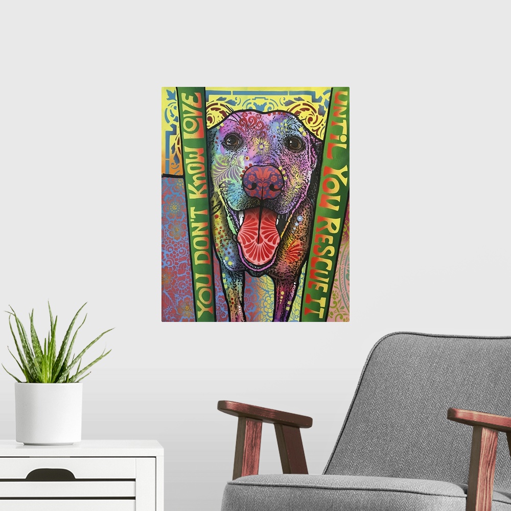 A modern room featuring Dog artwork in a graffiti style with text on both sides that reads "You Don't Know Love Until You...
