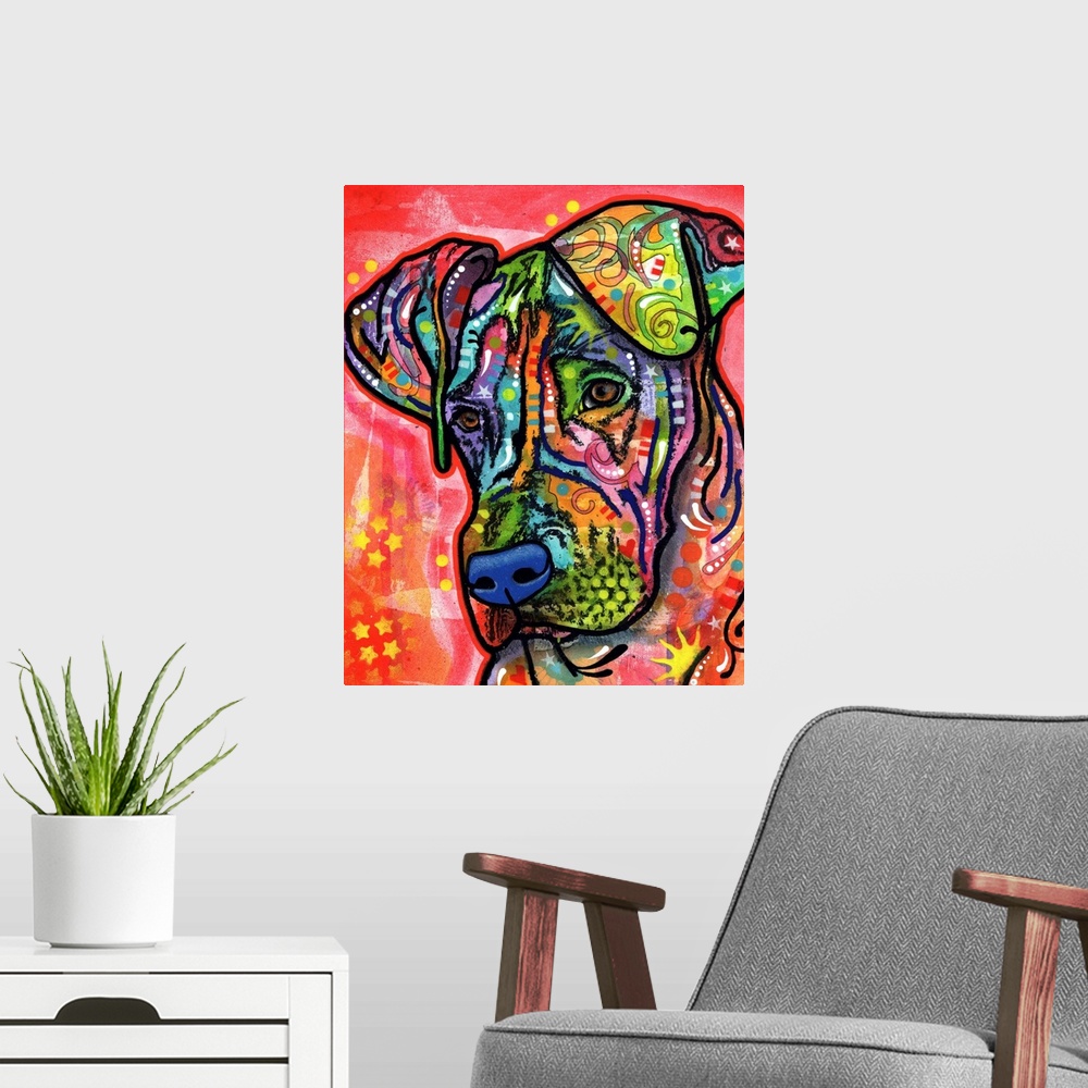 A modern room featuring Contemporary art with a colorful dog covered in unique designs.