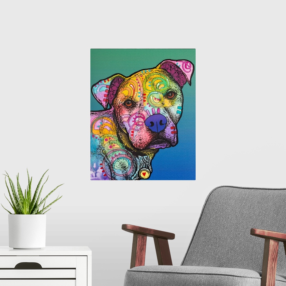 A modern room featuring Colorful illustration of a pit bull with abstract designs all over its body on a green and blue b...