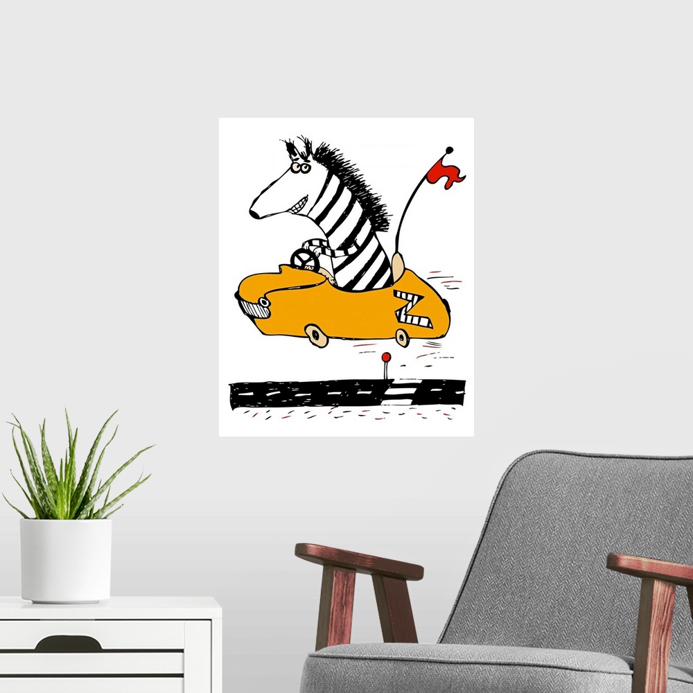 A modern room featuring zebra, car, race, red flag,