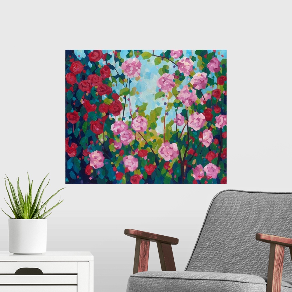 A modern room featuring Pink and red camellias in the garden, with square strokes of paint floating in the blue sky.
