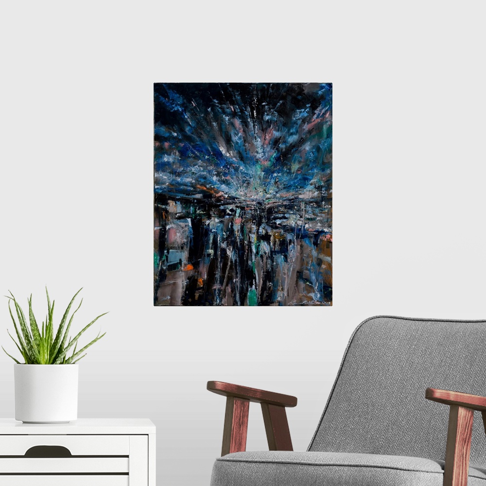 A modern room featuring An abstract painting of an emotive landscape capturing the last light; as one ponders way into th...
