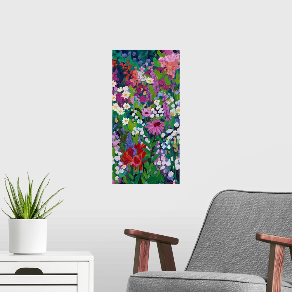 A modern room featuring Tall narrow painting of flowers in a garden with daisies, a pink coneflower and multicolored blooms.
