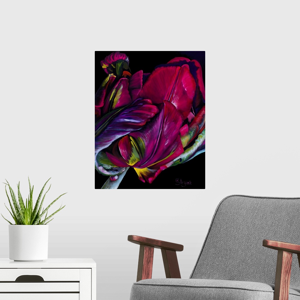 A modern room featuring Red parrot tulips are intricate, delicate, and beautiful flowers. In this painting, the black bac...