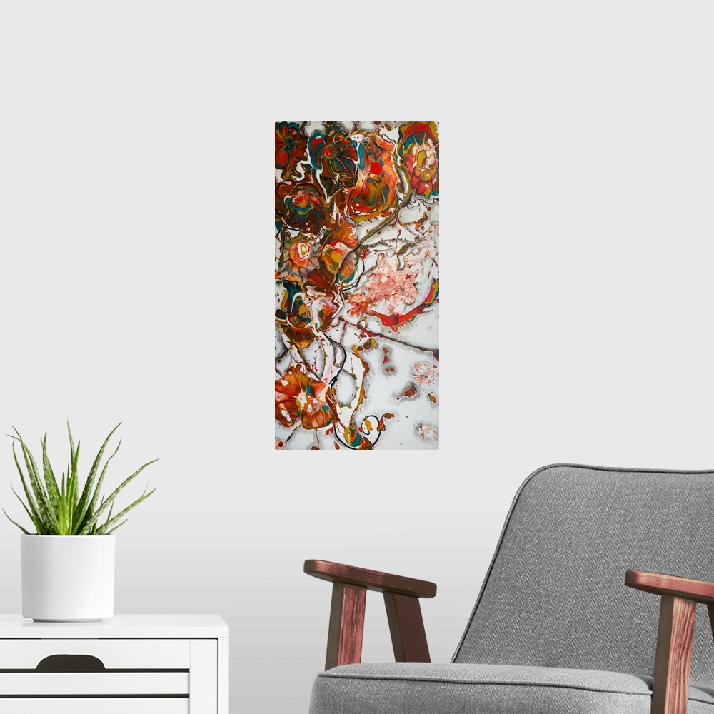A modern room featuring Painting of a shattered vase with the still fresh flowers in lush dark colors on the contrasting ...