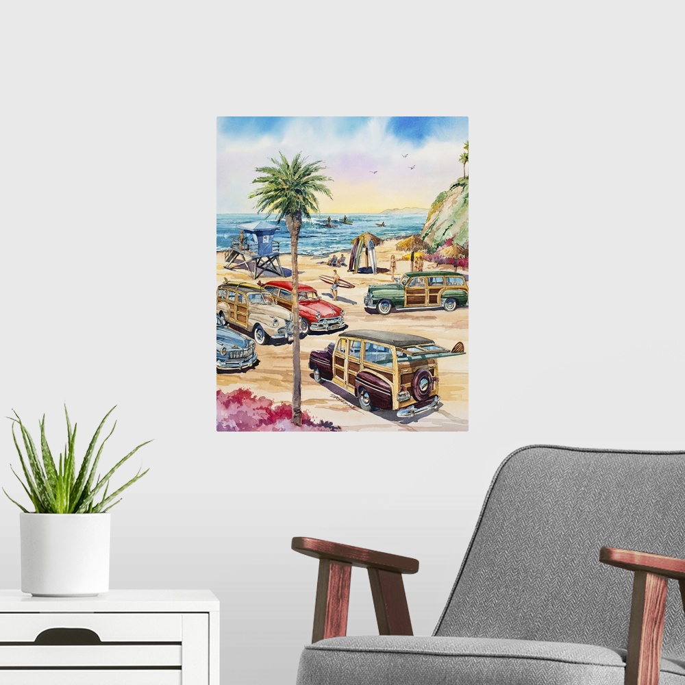 A modern room featuring Contemporary watercolor painting of several woodie wagons parked on the beach at Wavecrest in Enc...