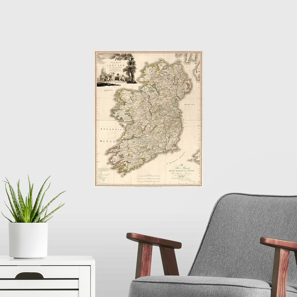 A modern room featuring A New Map of Ireland, Civil and Ecclesiastical