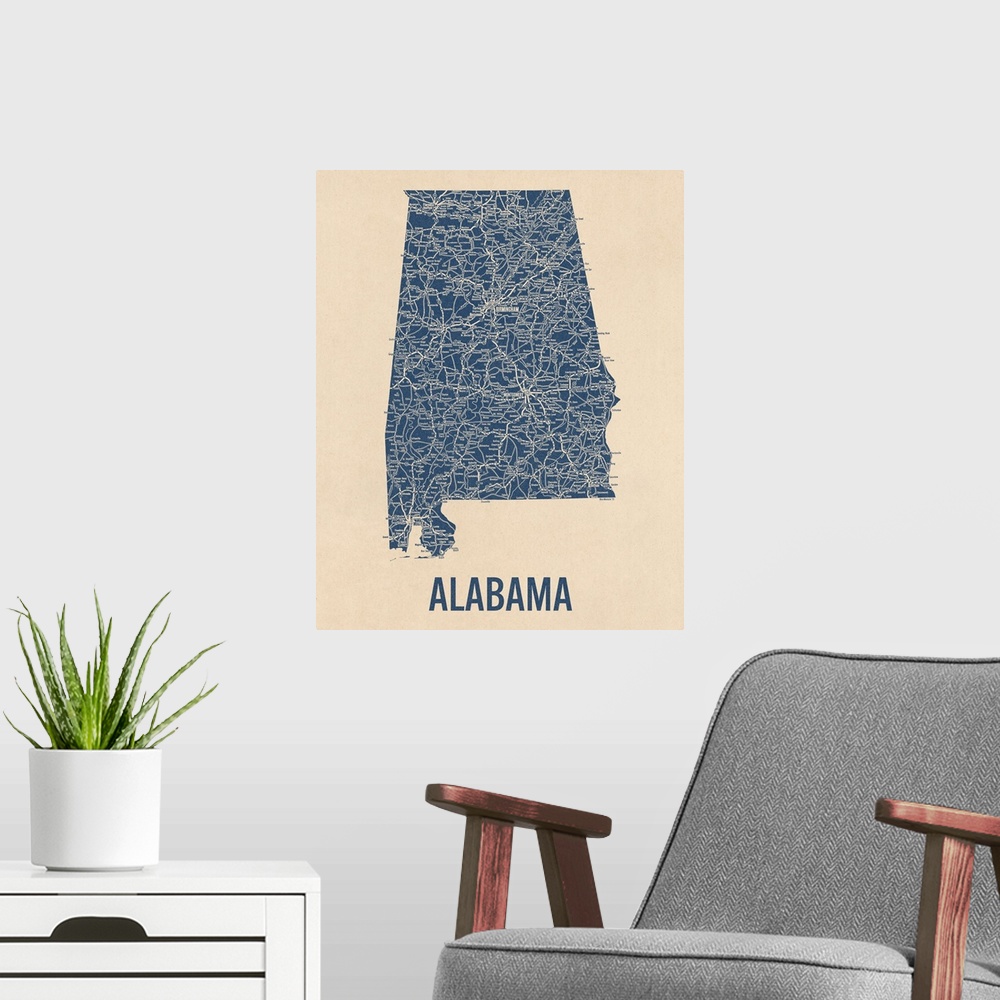 A modern room featuring Vintage Alabama Road Map 1