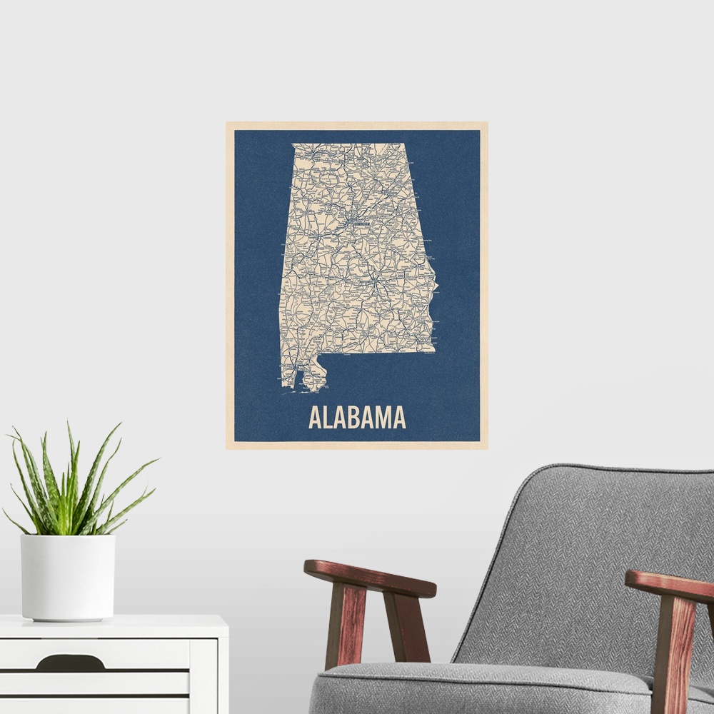 A modern room featuring Vintage Alabama Road Map 2