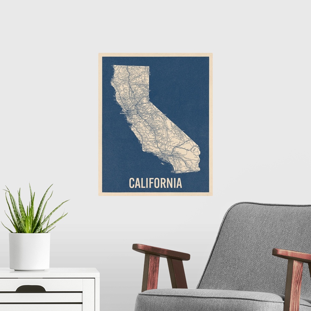 A modern room featuring Vintage California Road Map 2