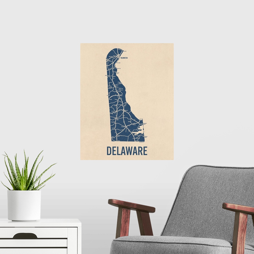 A modern room featuring Vintage Delaware Road Map 1