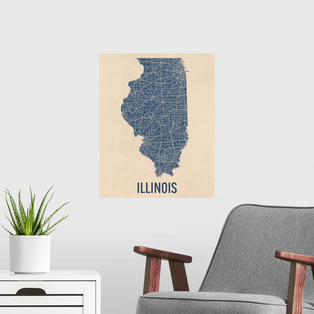 A modern room featuring Vintage Illinois Road Map 1
