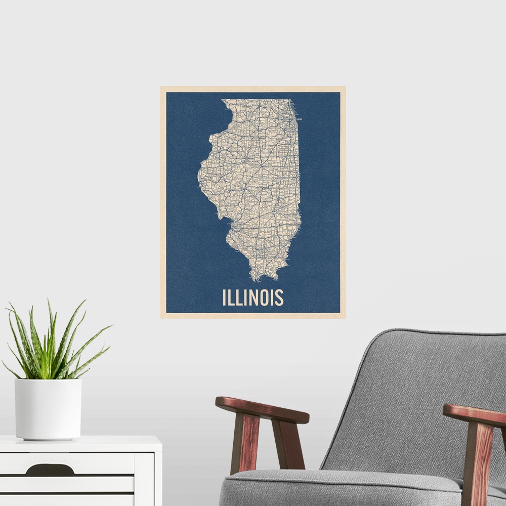 A modern room featuring Vintage Illinois Road Map 2