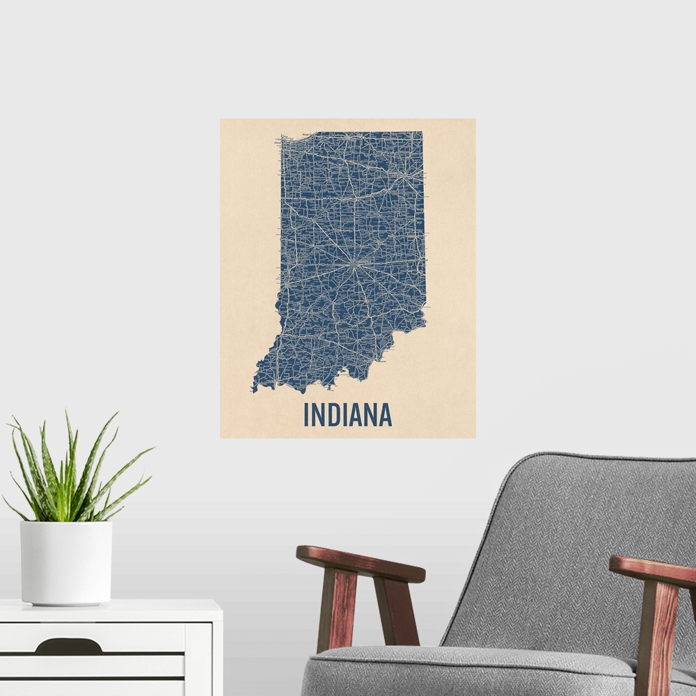 A modern room featuring Vintage Indiana Road Map 1
