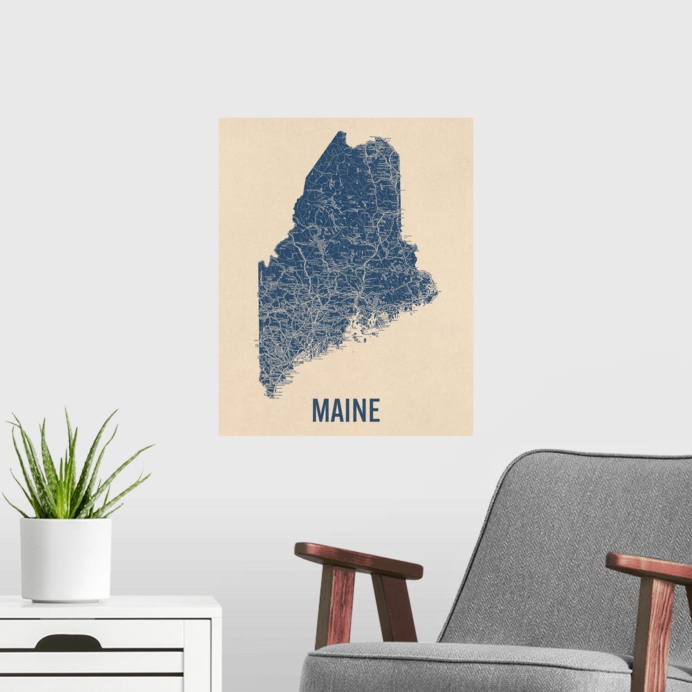 A modern room featuring Vintage Maine Road Map 1