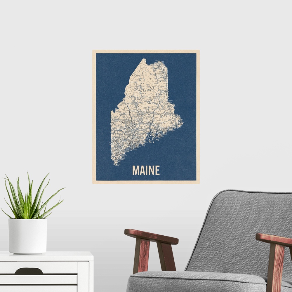A modern room featuring Vintage Maine Road Map 2