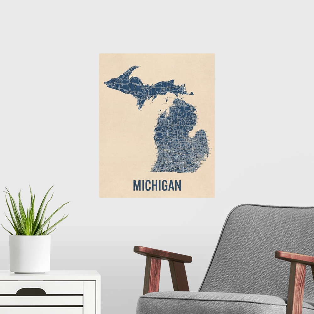 A modern room featuring Vintage Michigan Road Map 1