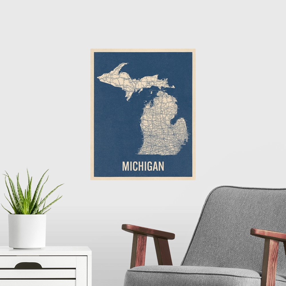 A modern room featuring Vintage Michigan Road Map 2