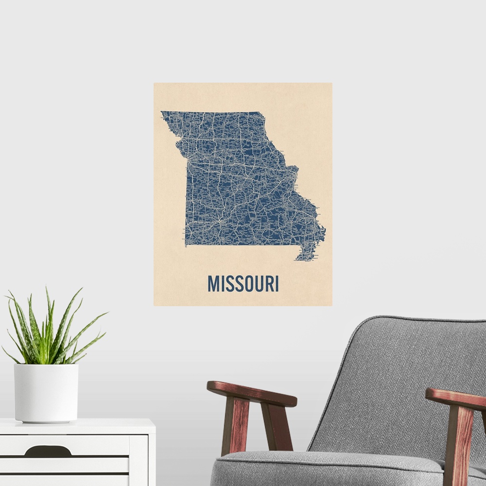 A modern room featuring Vintage Missouri Road Map 1