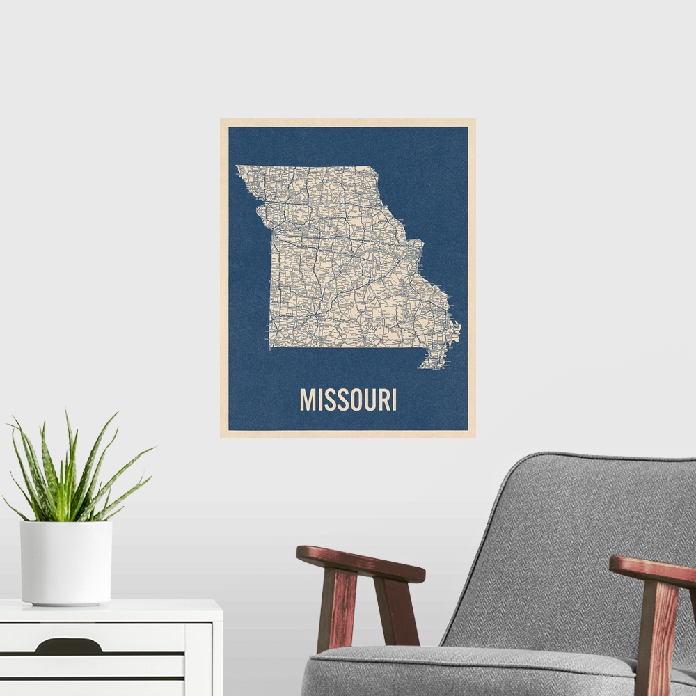 A modern room featuring Vintage Missouri Road Map 2
