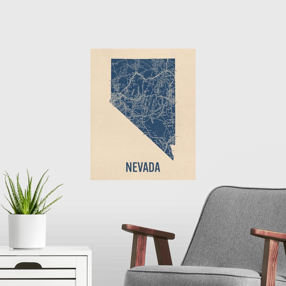 A modern room featuring Vintage Nevada Road Map 1