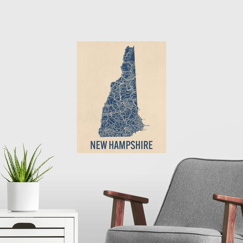 A modern room featuring Vintage New Hampshire Road Map 1