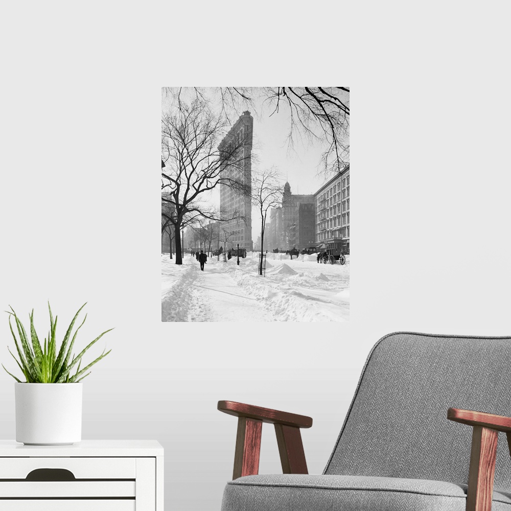 A modern room featuring Vintage photograph of Flatiron Building in Snow, New York City