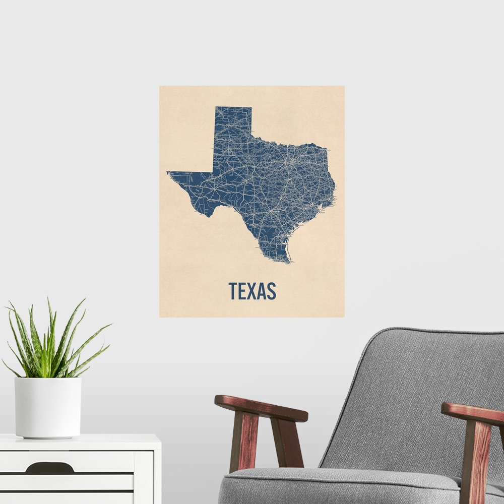 A modern room featuring Vintage Texas Road Map 1