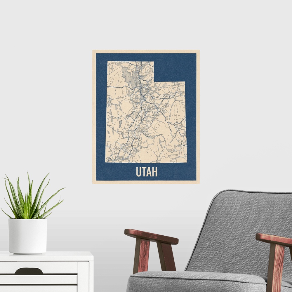A modern room featuring Vintage Utah Road Map 2
