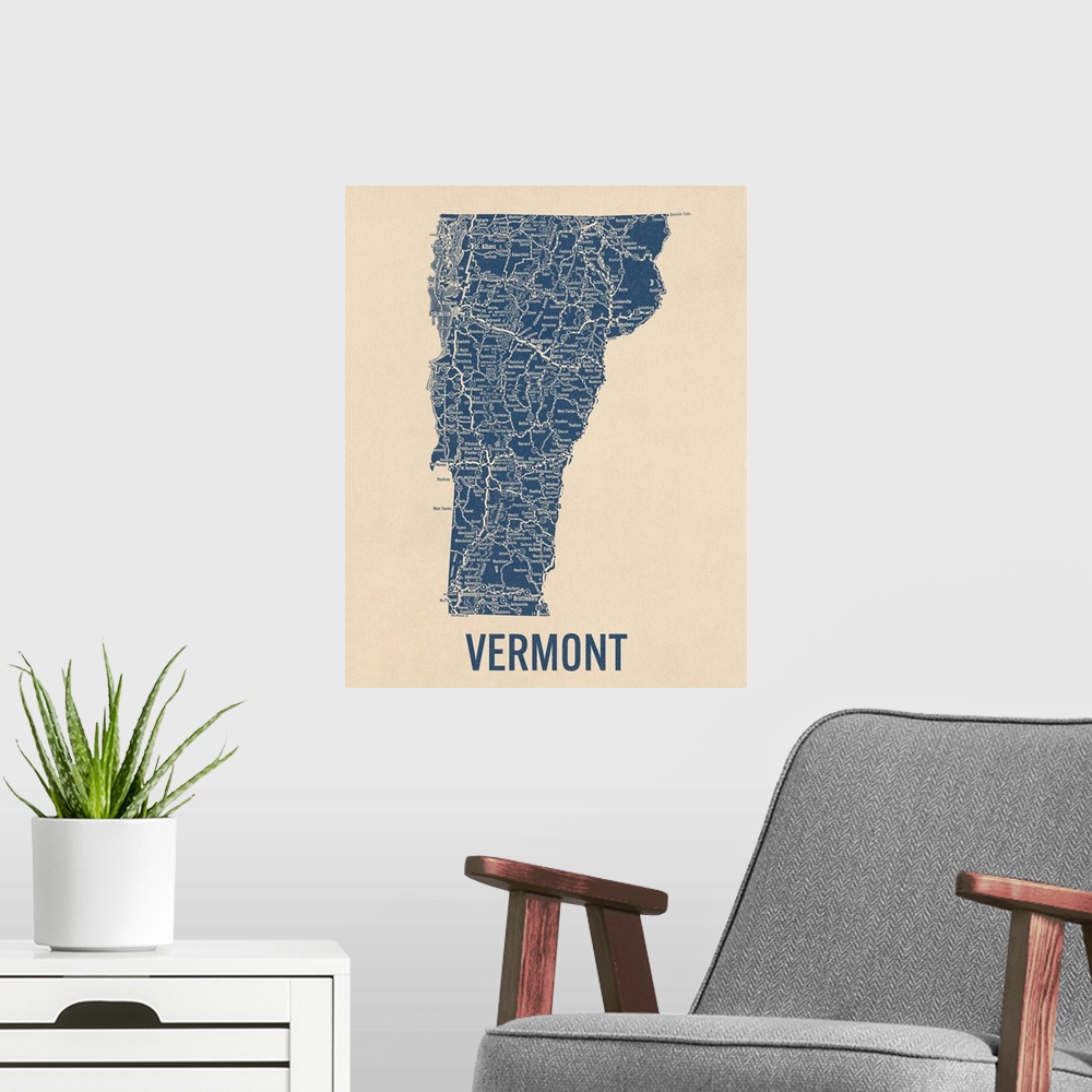 A modern room featuring Vintage Vermont Road Map 1