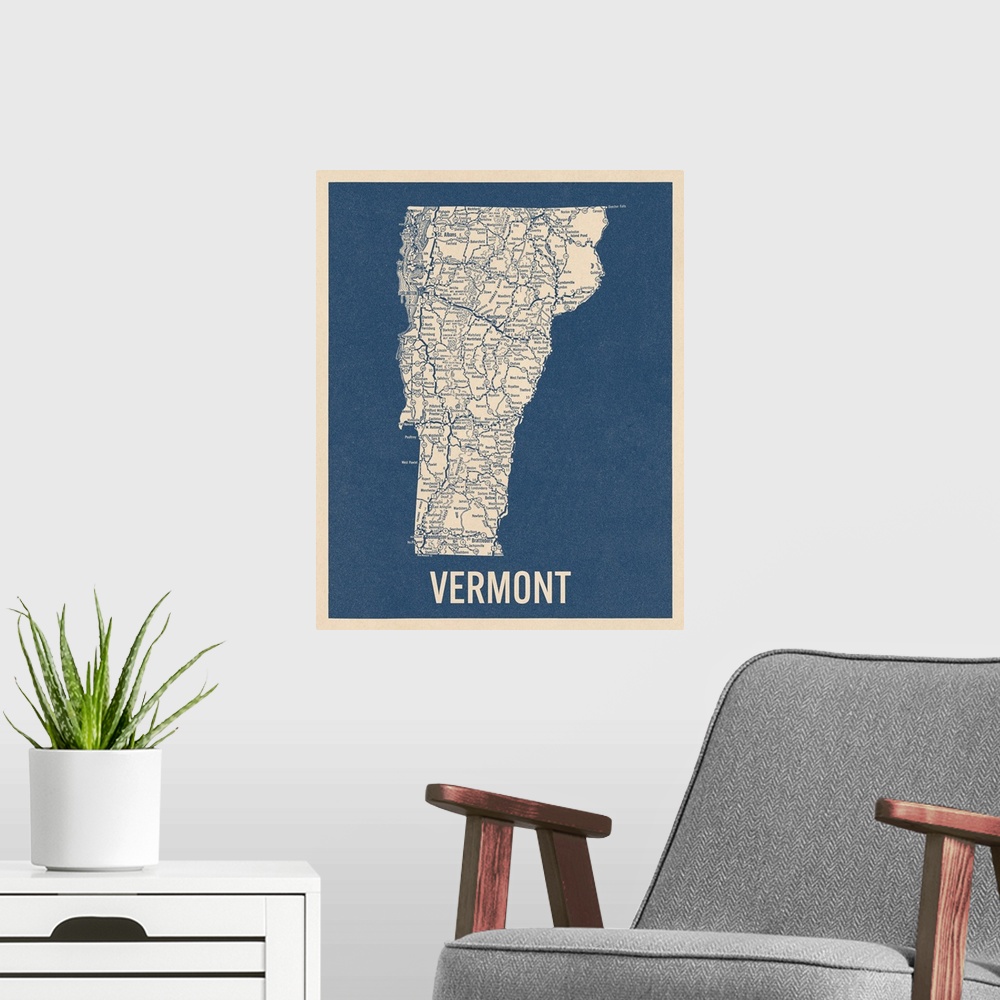 A modern room featuring Vintage Vermont Road Map 2