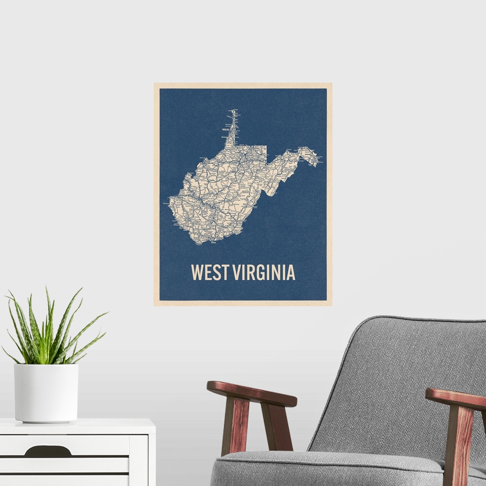 A modern room featuring Vintage West Virginia Road Map 2