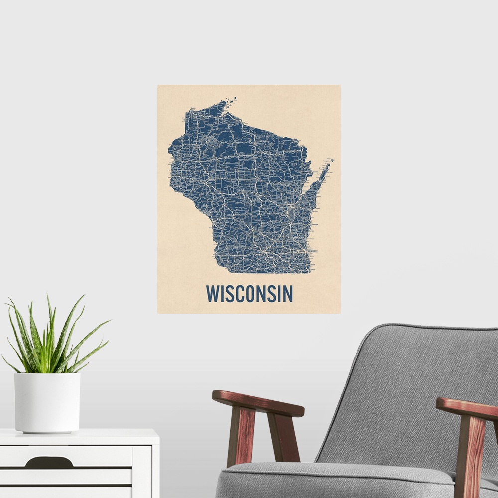 A modern room featuring Vintage Wisconsin Road Map 1