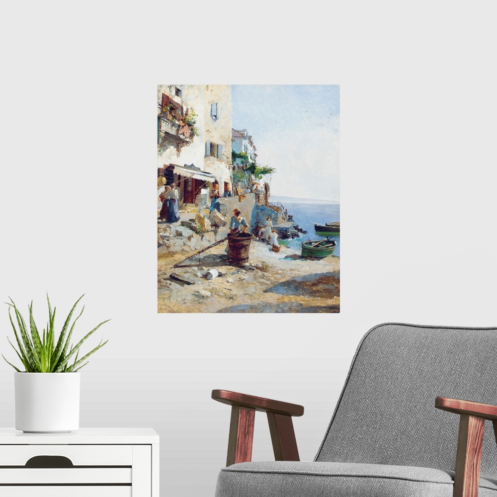 A modern room featuring A Sunny Day on the Amalfi Coast (oil on panel)