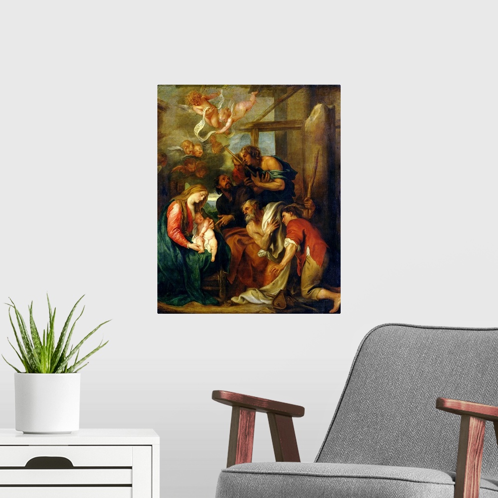 A modern room featuring XKH141369 Adoration of the Shepherds (oil on canvas)  by Dyck, Sir Anthony van (1599-1641); 228x1...