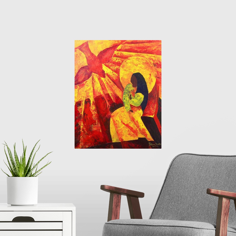 A modern room featuring Contemporary religious painting of the Virgin Mary being visited by an angel.