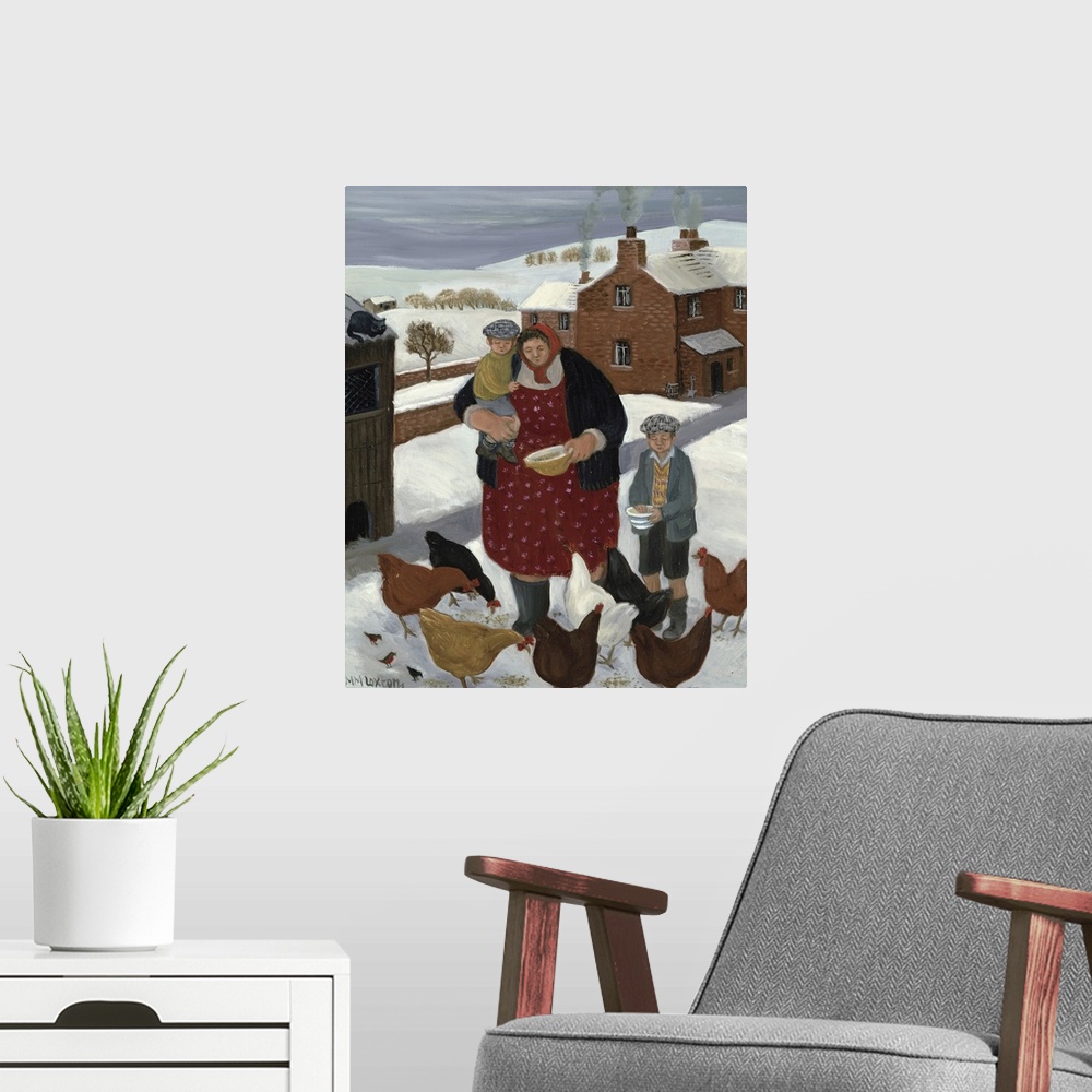 A modern room featuring Contemporary painting of a woman and two boys feeding chickens in the winter.
