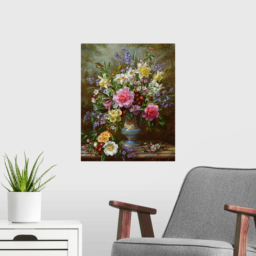 A modern room featuring Bluebells, daffodils, primroses and peonies in a blue vase