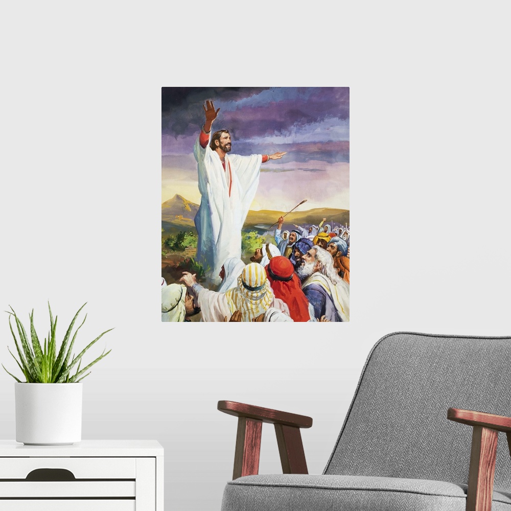 A modern room featuring Christ calming the multitude