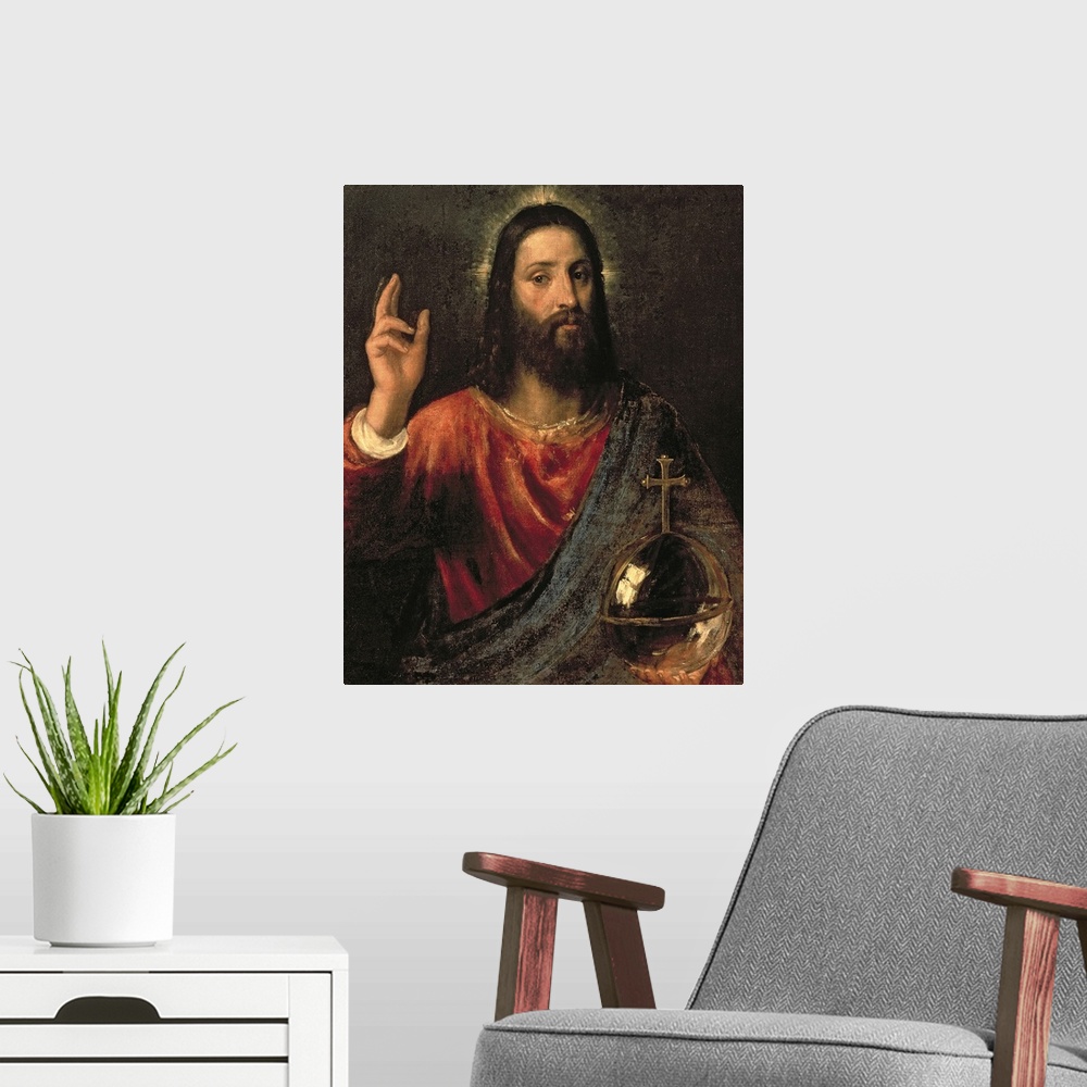 A modern room featuring Christ Saviour, c.1570 (oil on canvas) by Titian (Tiziano Vecellio) (c.1488-1576).