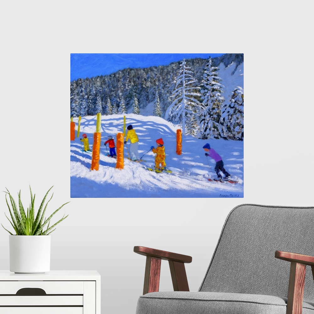 A modern room featuring Colourful Skiing, Les Arcs, France, 2018, (originally oil on canvas) by Macara, Andrew