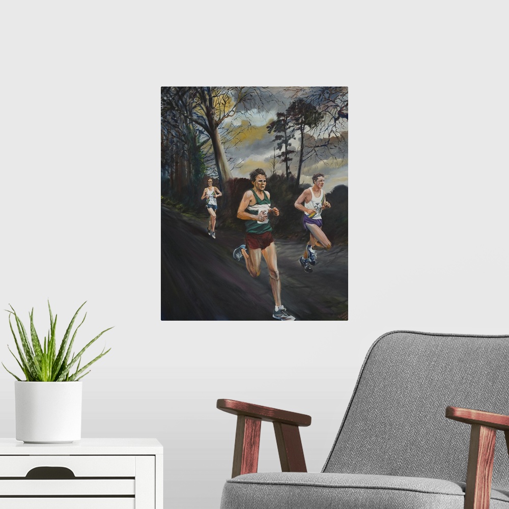 A modern room featuring Contemporary painting of a runners along a dark path.